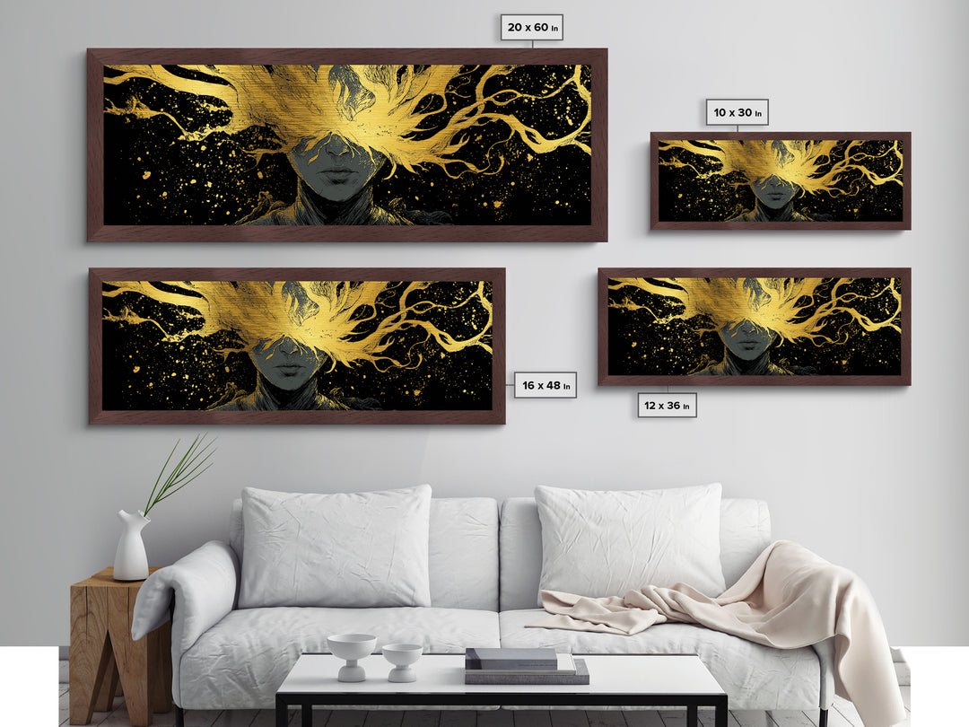 Blinded Mythological Figure, Flowing Fire Vision Symbolic Wall Artwork, Metallic Gold Metal Print, Real Wood Frame Wall Decor
