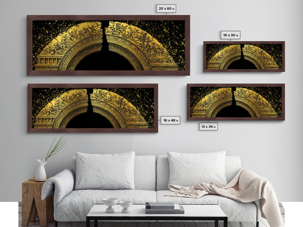 Golden Arch Of Mythology, Classical Greek Relief Sculpture Wall Decor, Metallic Gold Metal Print, Real Wood Frame