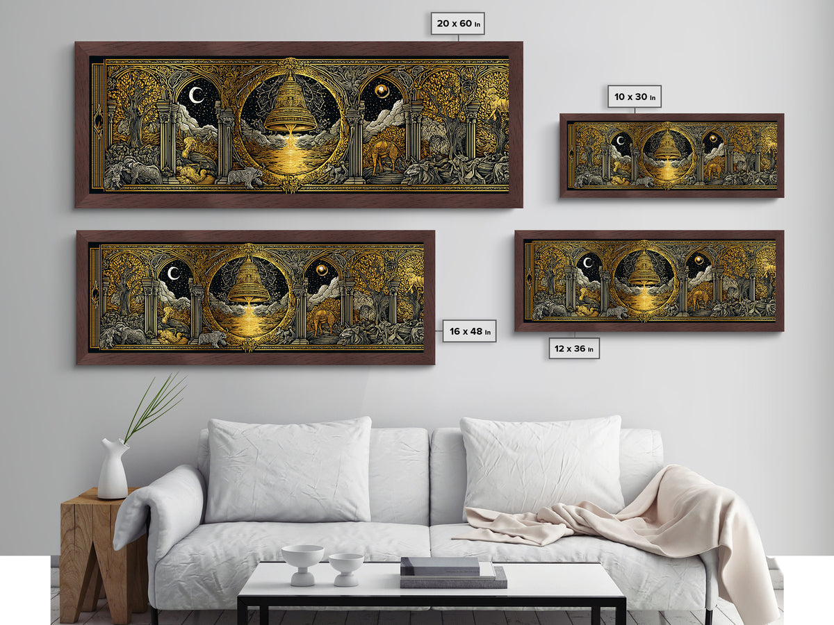 Mythological Temple Scene With Golden Bell, Classical Arches And Night Sky Artwork, Metallic Gold Metal Print, Real Wood Frame