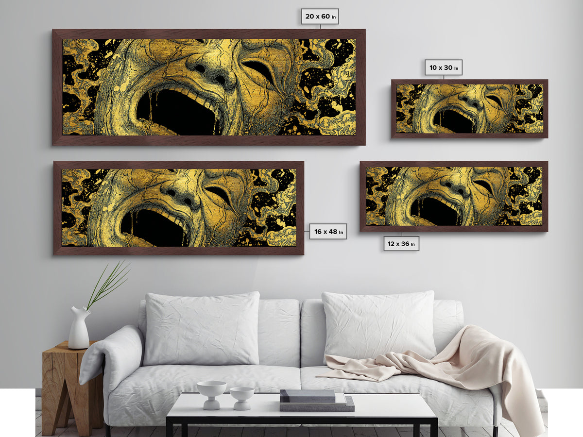 Screaming Tragedy Mask, Ancient Greek Mythological Theater Artwork, Metallic Gold Metal Print, Real Wood Frame Wall Decor