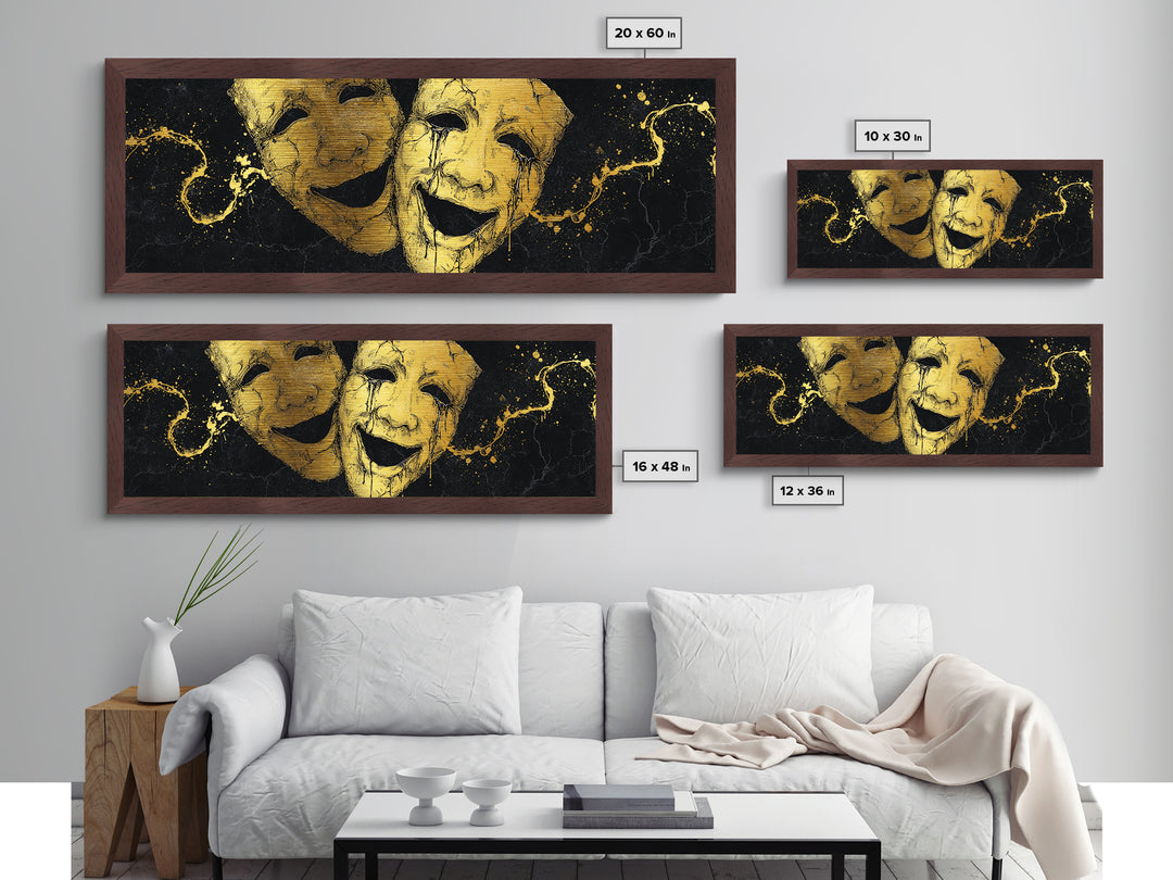 Comedy And Tragedy Masks, Ancient Greek Theater Symbolic Mythological Artwork, Metallic Gold Metal Print, Real Wood Frame Wall Art