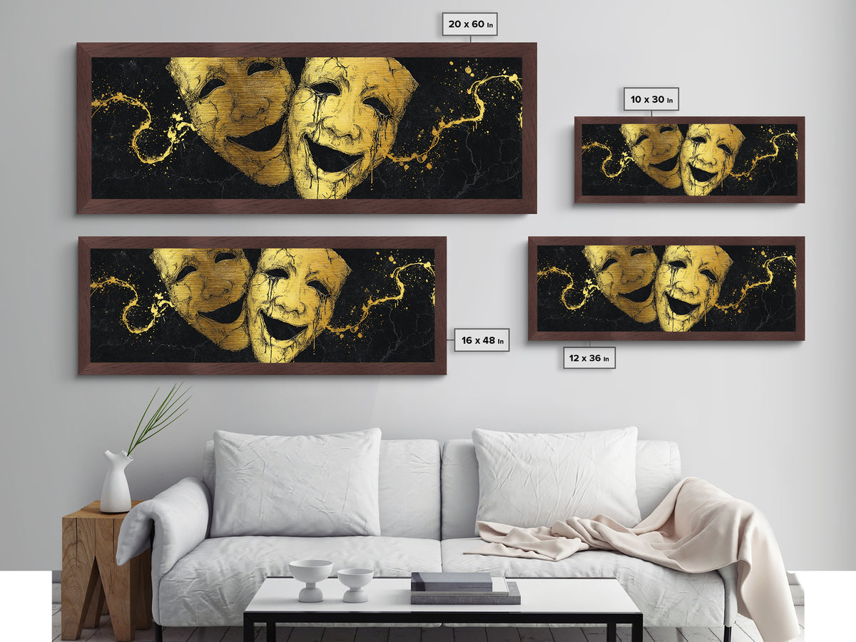 Comedy And Tragedy Masks, Ancient Greek Theater Symbolic Mythological Artwork, Metallic Gold Metal Print, Real Wood Frame Wall Art