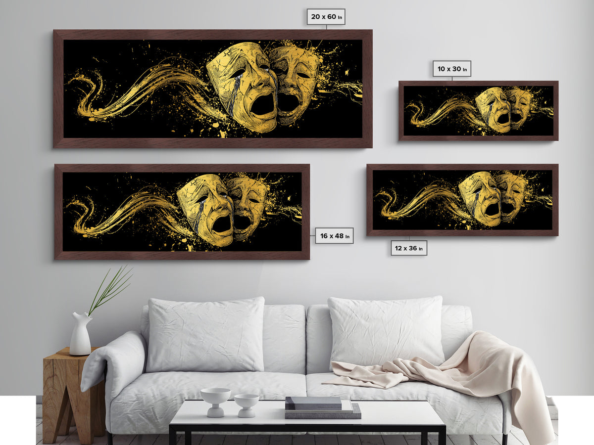 Paired Tragic Masks, Mythological Theater Symbol Decorative Wall Artwork, Metallic Gold Metal Print, Real Wood Frame Wall Decor