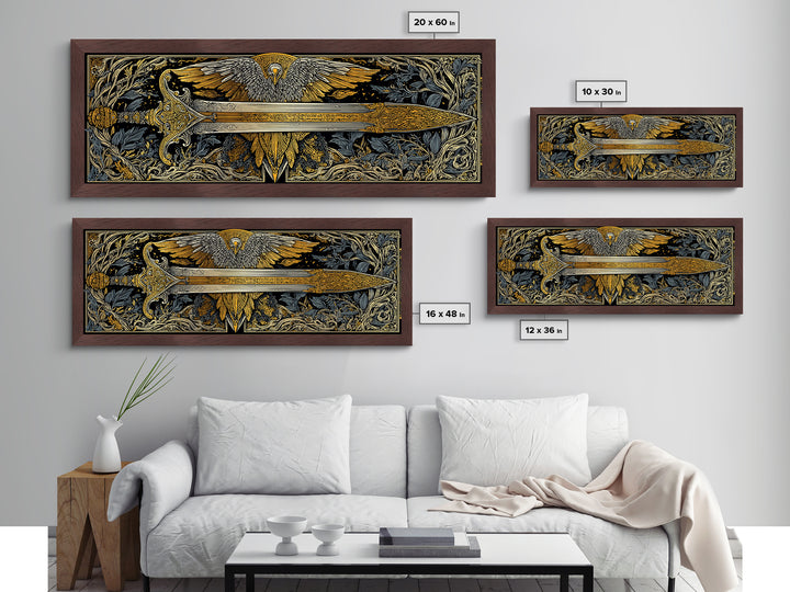 Sword With Wings, Mythological Weapon And Guardian Bird Decorative Wall Artwork, Metallic Gold Metal Print, Real Wood Frame Art