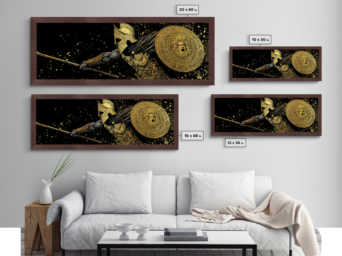 Heroic Warrior With Shield, Ancient Greek Spartan Mythological Battle Artwork, Metallic Gold Metal Print, Real Wood Frame Wall Decor