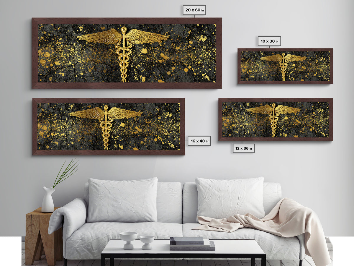 Caduceus Symbol Artwork, Ancient Mythological Medicine Emblem Decorative Wall Art, Metallic Gold Metal Print, Real Wood Frame