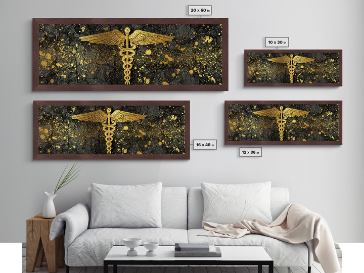 Caduceus Symbol Artwork, Ancient Mythological Medicine Emblem Decorative Wall Art, Metallic Gold Metal Print, Real Wood Frame