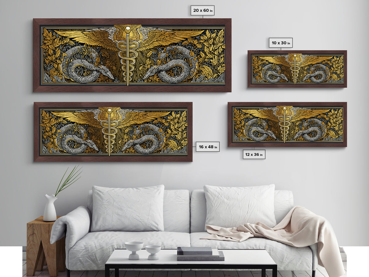 Caduceus With Serpents, Mythological Healing Symbol Decorative Wall Artwork, Metallic Gold Metal Print, Real Wood Frame Decor