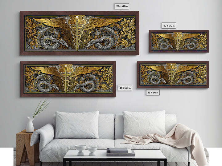 Caduceus With Serpents, Mythological Healing Symbol Decorative Wall Artwork, Metallic Gold Metal Print, Real Wood Frame Decor