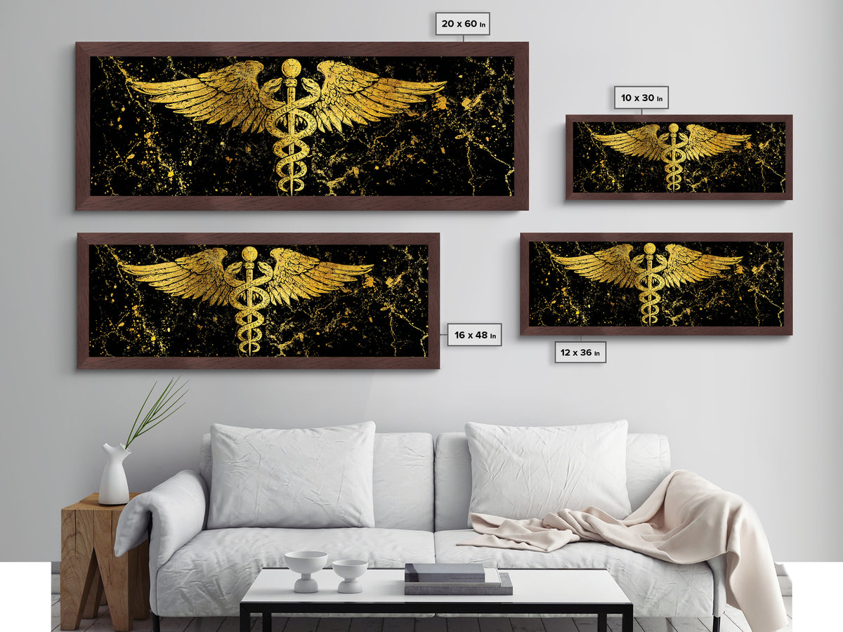 Ancient Caduceus Symbol, Winged Serpent Staff Mythological Artwork, Metallic Gold Metal Print, Real Wood Frame Wall Decor