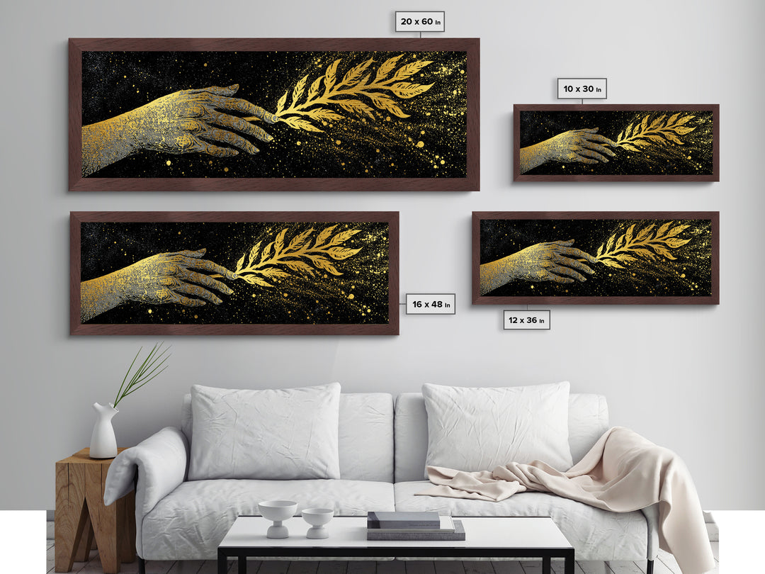 Hand With Olive Branch, Mythological Symbol Of Peace Decorative Wall Artwork, Metallic Gold Metal Print, Real Wood Frame Wall Art
