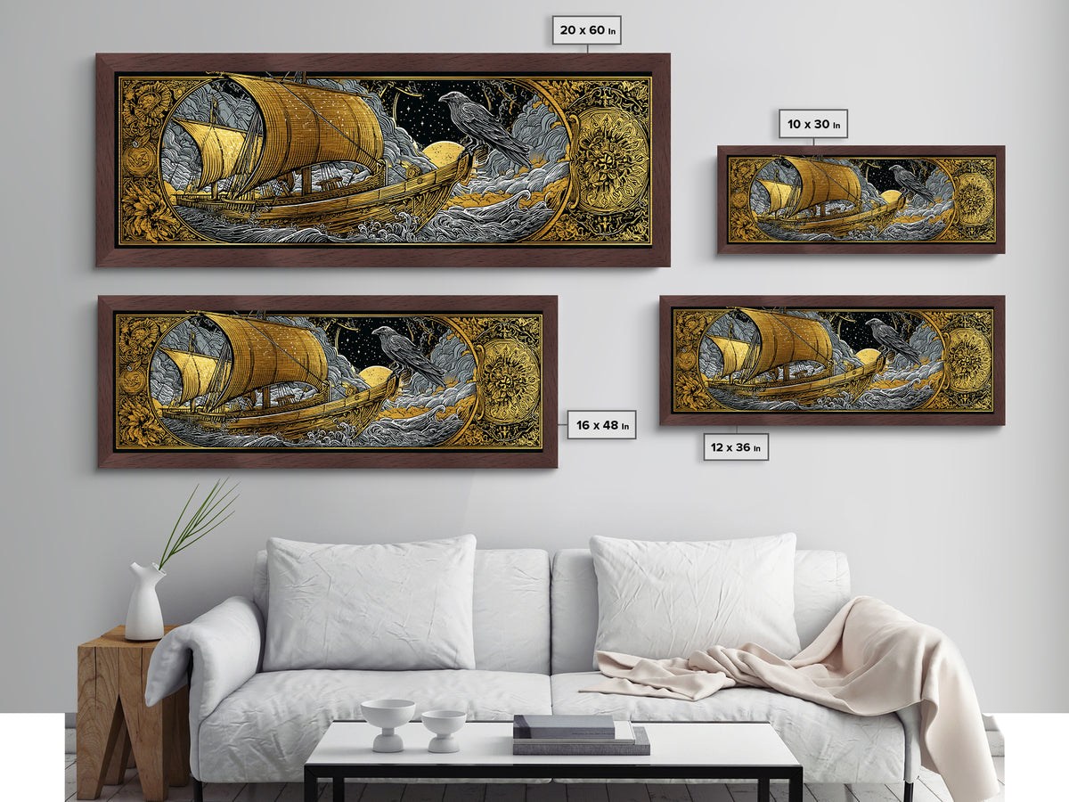 Ancient Sailing Ship, Mythological Vessel With Raven Decorative Wall Artwork, Metallic Gold Metal Print, Real Wood Frame Wall Decor