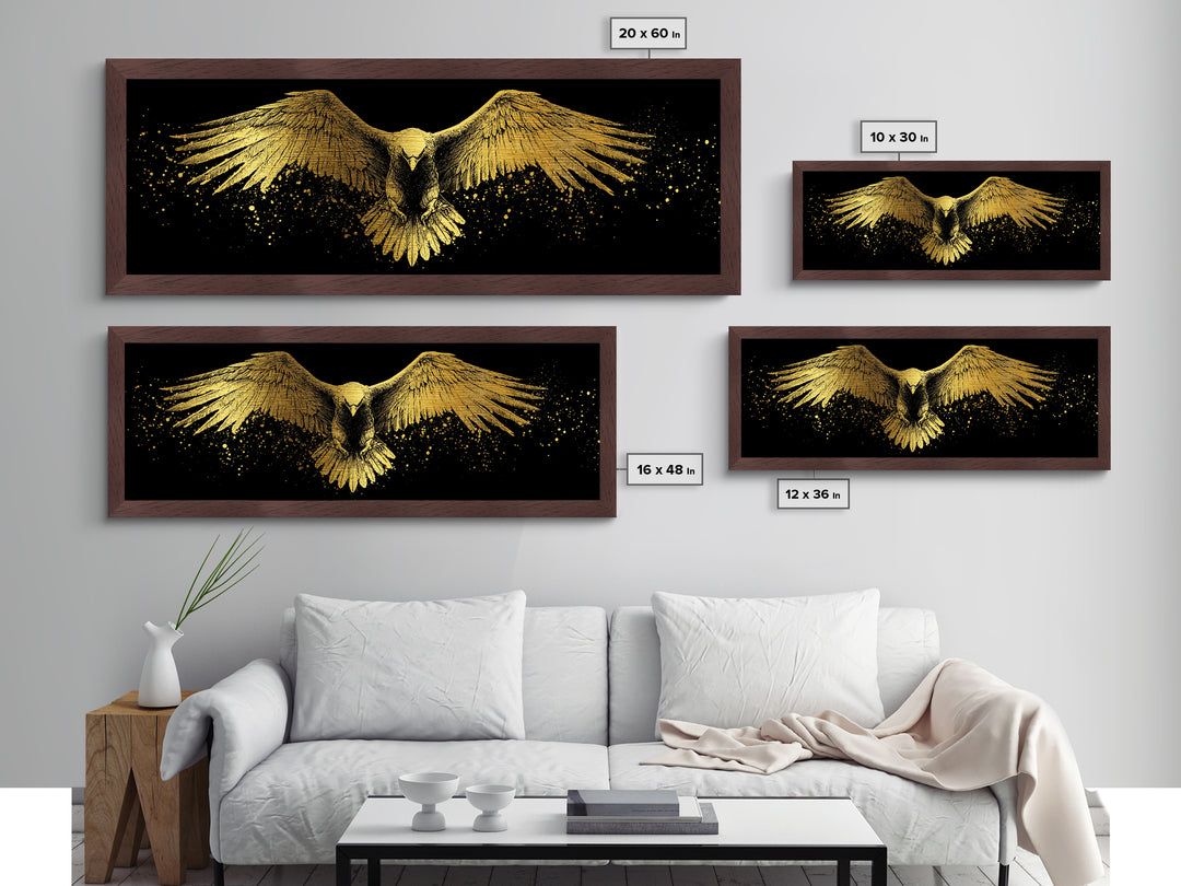 Golden Eagle In Flight, Regal Mythological Bird Wall Decor, Metallic Gold Metal Print, Real Wood Frame Art