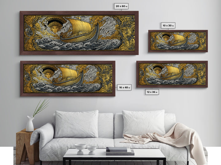 Mythological Sun Face And Ancient Ship, Epic Sea Voyage Decorative Wall Artwork, Metallic Gold Metal Print, Real Wood Frame Decor