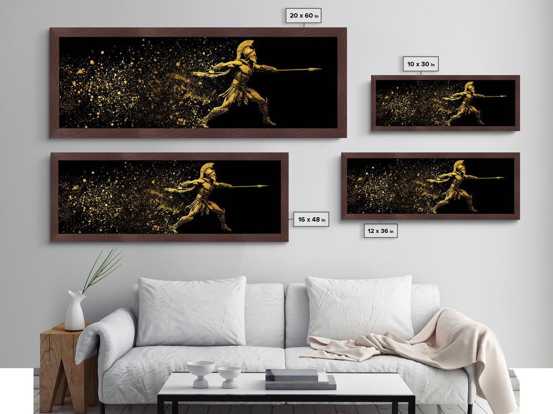 Greek Warrior Throwing Spear, Mythological Spartan Hero Battle Scene Artwork, Metallic Gold Metal Print, Real Wood Frame Wall Decor