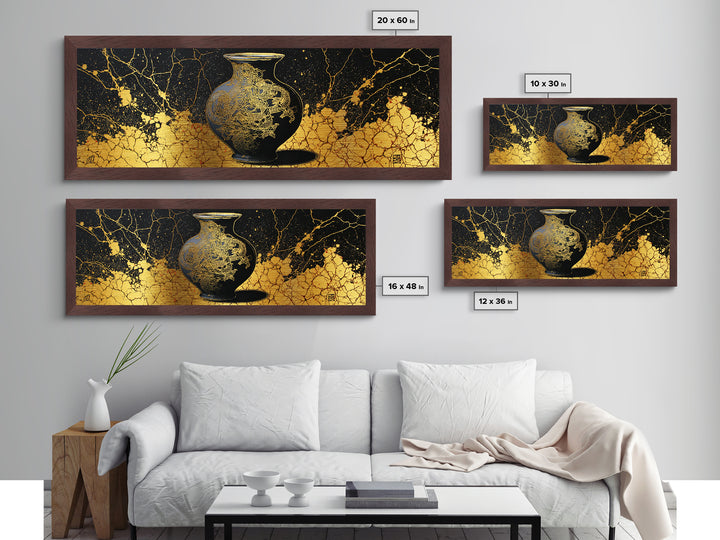 Ancient Golden Vase, Mythical Dragon Engraving Wall Decor, Metallic Gold Metal Print, Real Wood Framed Art
