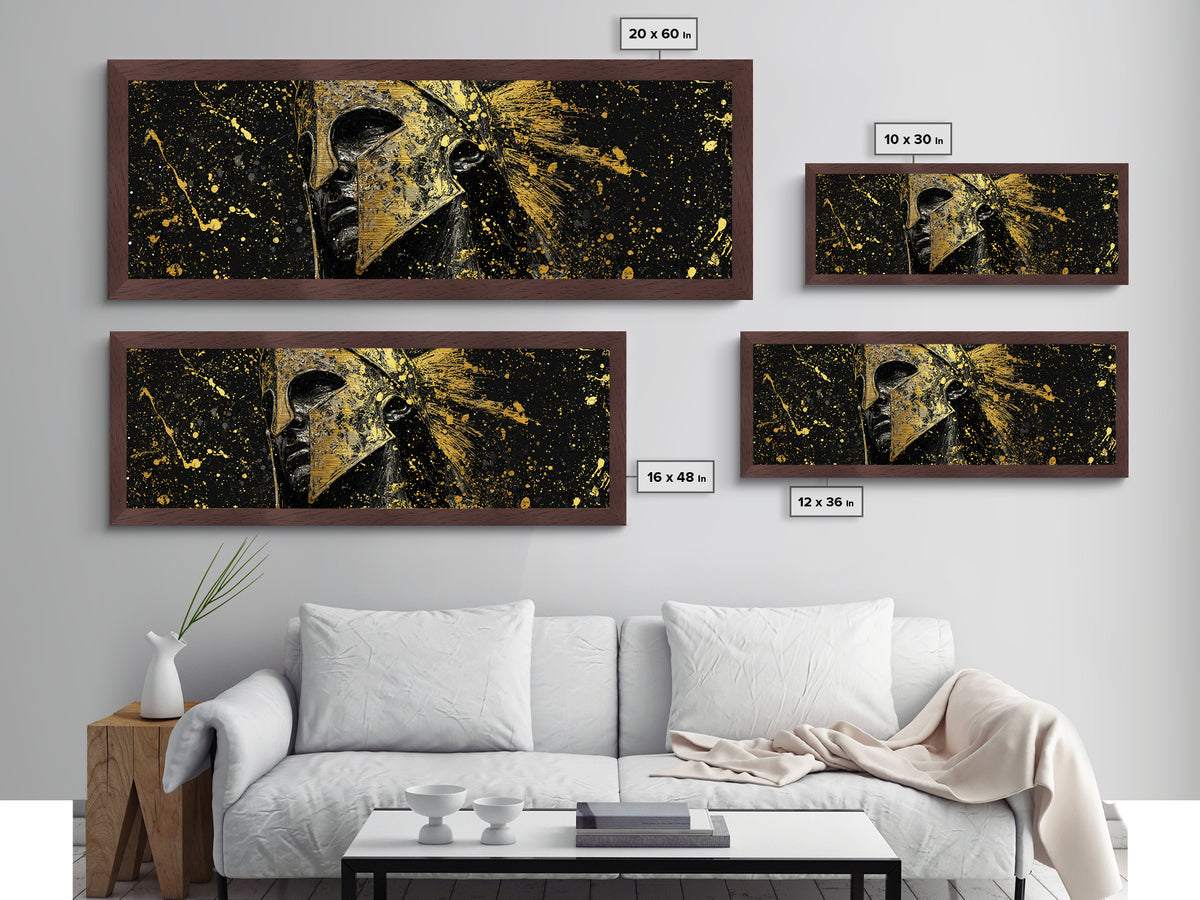 Spartan Helmet And Graffiti, Mythological Greek Warrior Decorative Wall Artwork, Metallic Gold Metal Print, Real Wood Frame Wall Art