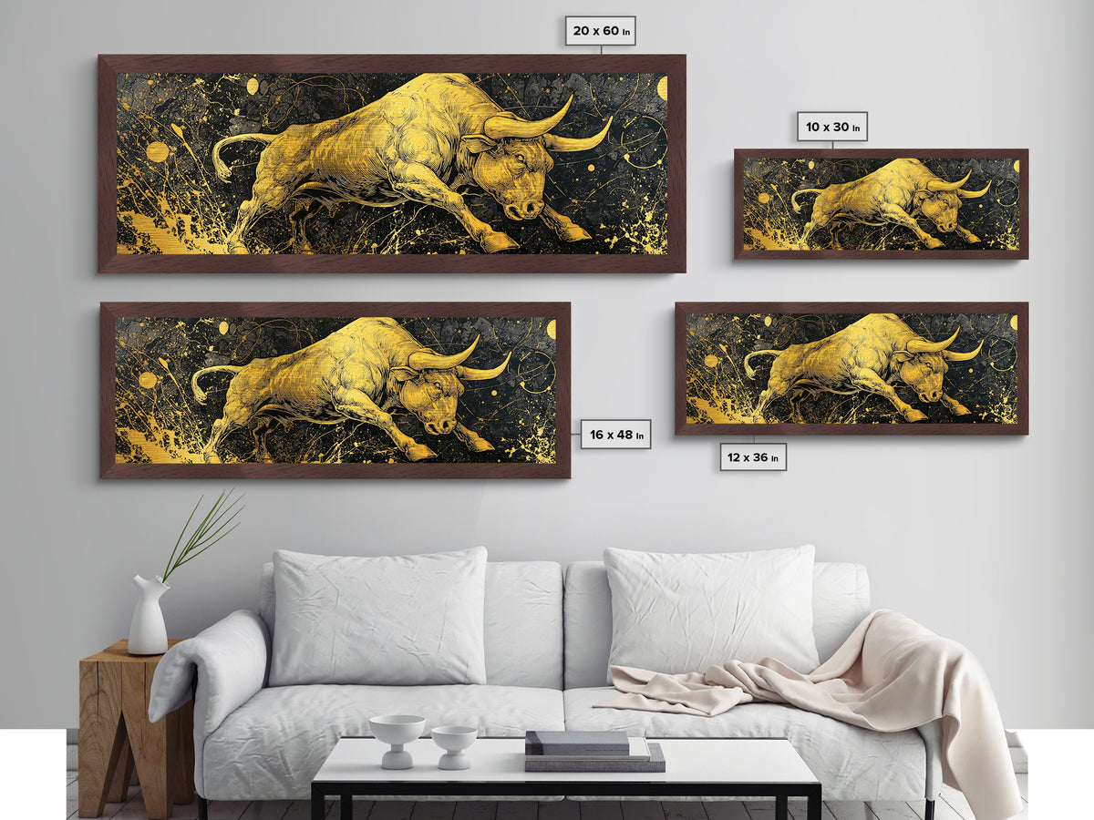 Charging Bull Artwork, Mythical Strength And Power Wall Decor, Metallic Gold Metal Print, Real Wood Frame Art