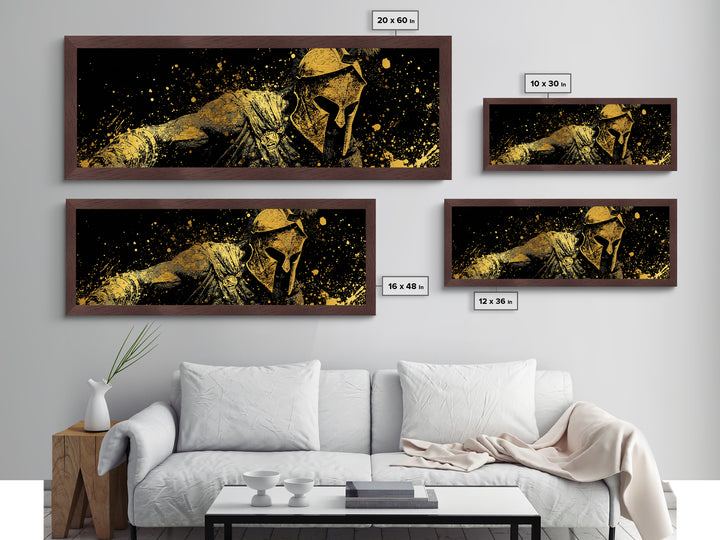 Greek Warrior With Spear, Ancient Spartan Battle Scene Decorative Wall Artwork, Metallic Gold Metal Print, Real Wood Frame Wall Art