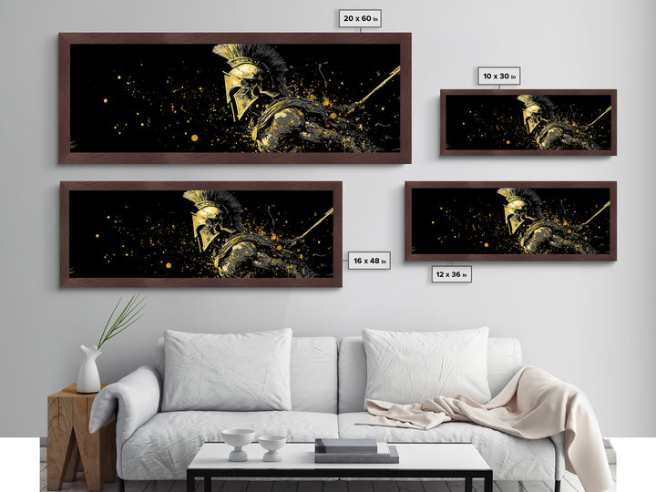 Greek Warrior In Battle Stance, Mythological Spartan Hero Decorative Artwork, Metallic Gold Metal Print, Real Wood Frame Wall Art
