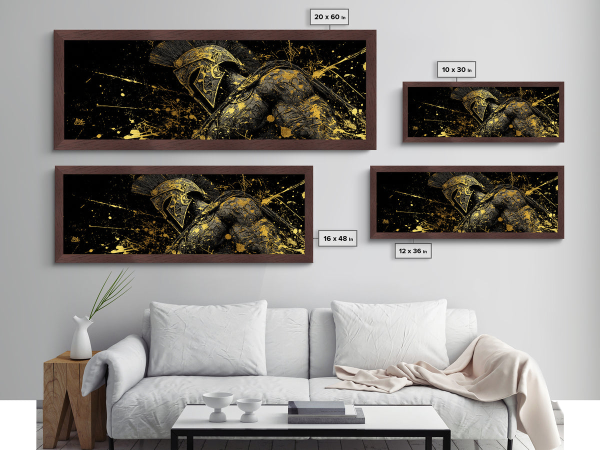 Detailed Spartan Helmet, Ancient Greek Mythological Warrior Decorative Artwork, Metallic Gold Metal Print, Real Wood Frame Wall Art