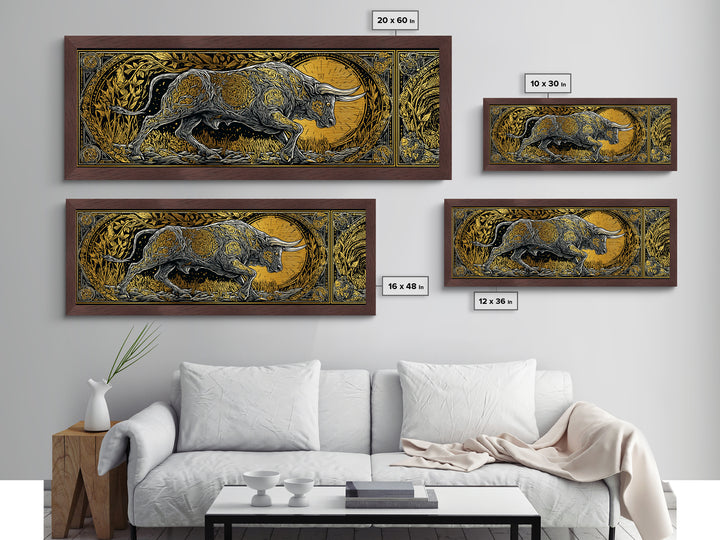 Ornamental Bull Design, Mythical Strength Symbol Wall Decor, Metallic Gold Metal Print, Real Wood Framed Art