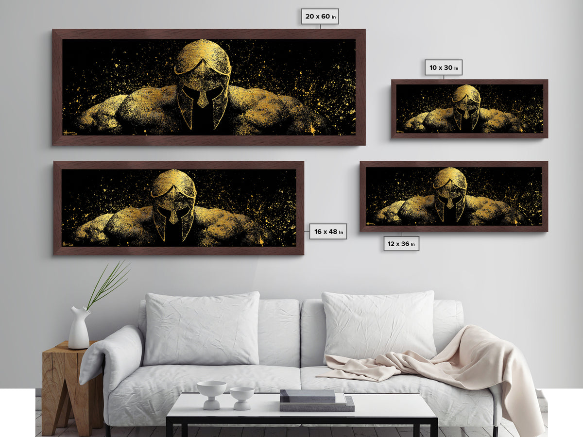 Spartan Warrior Front View, Ancient Greek Helmet Strength Symbol Decorative Artwork, Metallic Gold Metal Print, Real Wood Frame Art