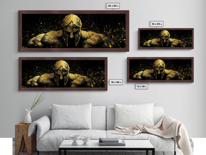 Spartan Warrior Front View, Ancient Greek Helmet Strength Symbol Decorative Artwork, Metallic Gold Metal Print, Real Wood Frame Art