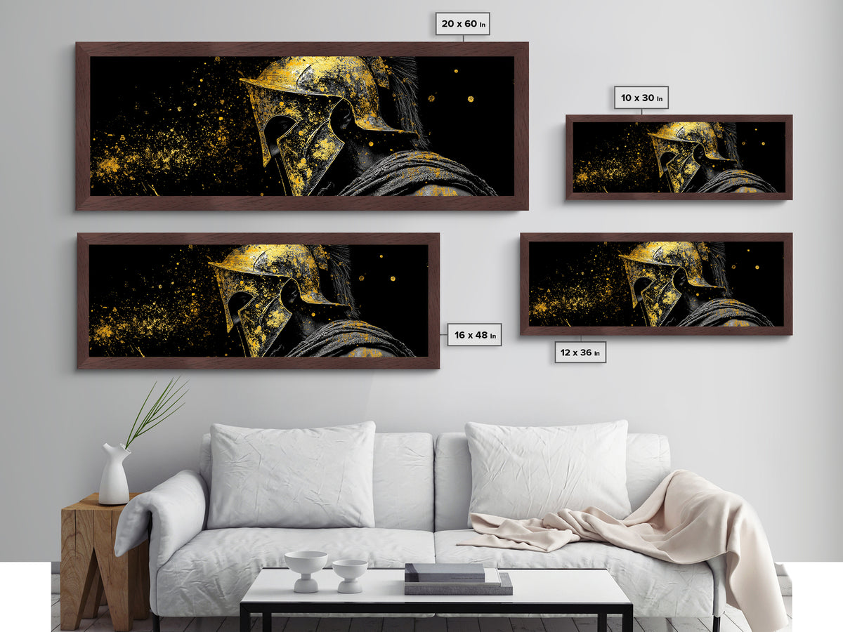 Greek Warrior Face Close Up, Spartan Helmet Intense Gaze Decorative Artwork, Metallic Gold Metal Print, Real Wood Frame Wall Art