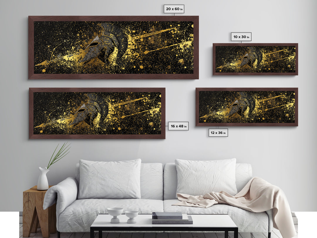 Spartan Helmet Splatter Artwork, Ancient Greek Warrior Mythological Symbol Decorative Art, Metallic Gold Metal Print, Real Wood Frame