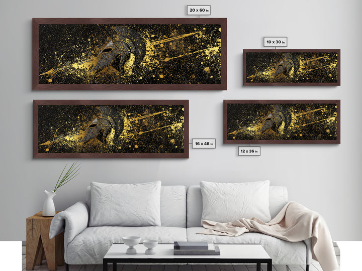 Spartan Helmet Splatter Artwork, Ancient Greek Warrior Mythological Symbol Decorative Art, Metallic Gold Metal Print, Real Wood Frame