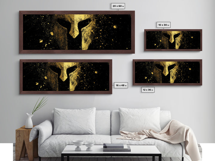 Spartan Helmet Close Detail, Ancient Greek Warrior Decorative Mythological Artwork, Metallic Gold Metal Print, Real Wood Frame Wall Art