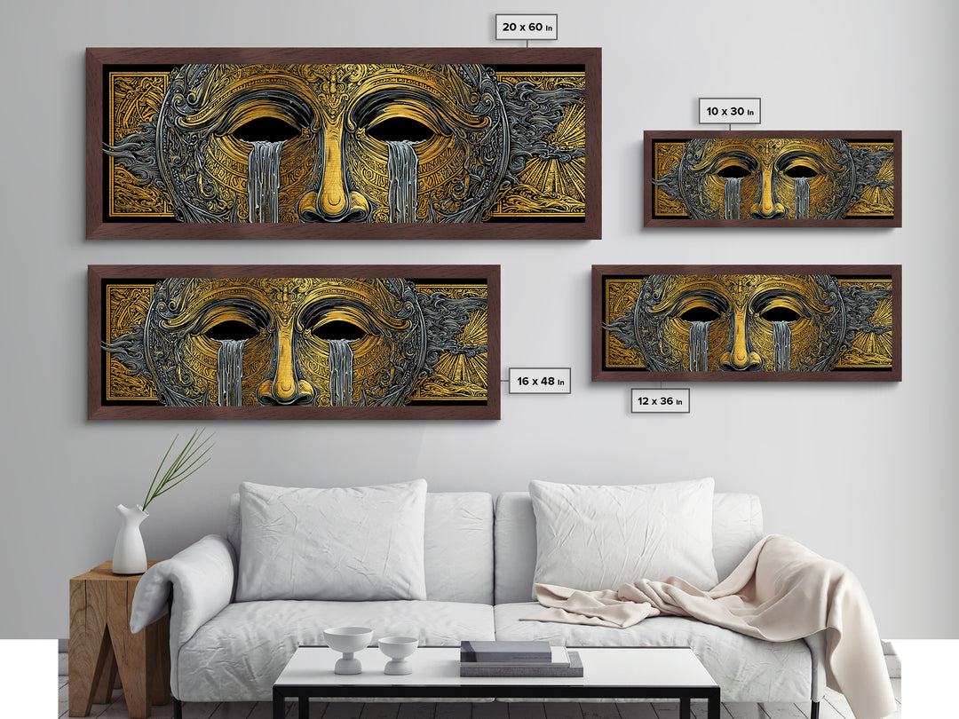 Mythical Golden Mask Illustration, Surreal Greek Inspired Metallic Gold Metal Print, Fantasy Wall Art, Real Wood Frame