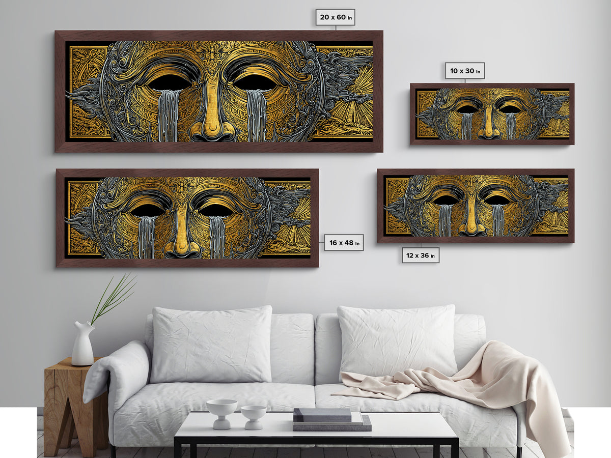 Mythical Golden Mask Illustration, Surreal Greek Inspired Metallic Gold Metal Print, Fantasy Wall Art, Real Wood Frame
