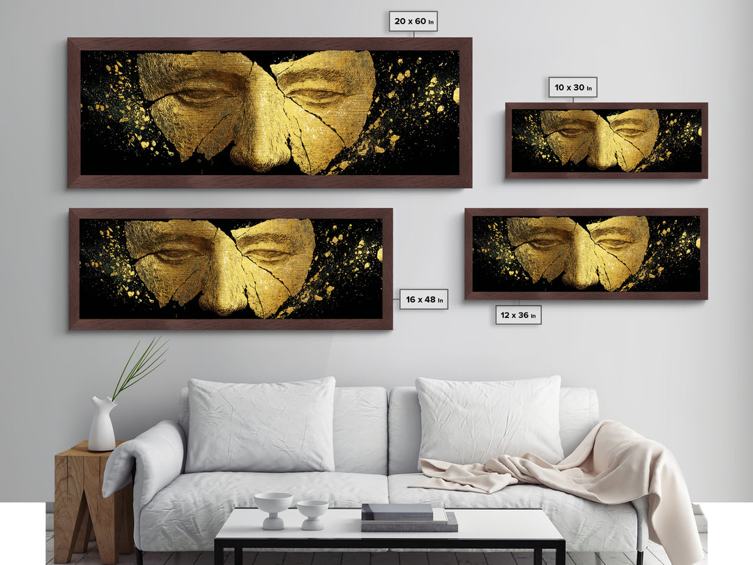 Cracked Ancient Golden Mask, Mythological Relic Metallic Gold Metal Print, Unique Fantasy Wall Art, Real Wood Frame
