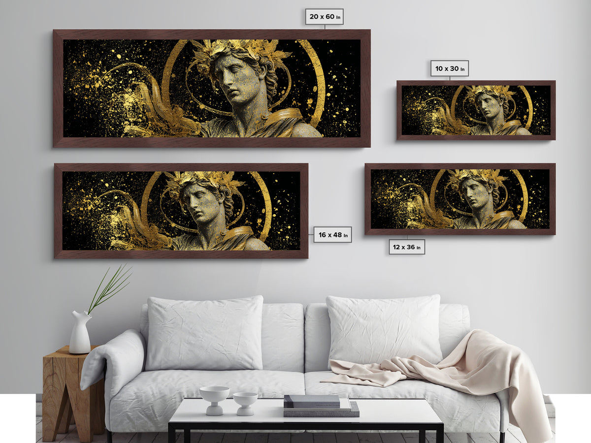 Apollo Bust With Golden Halo, Ancient Greek God Metallic Gold Metal Print, Mythology Sculpture Wall Art, Real Wood Frame