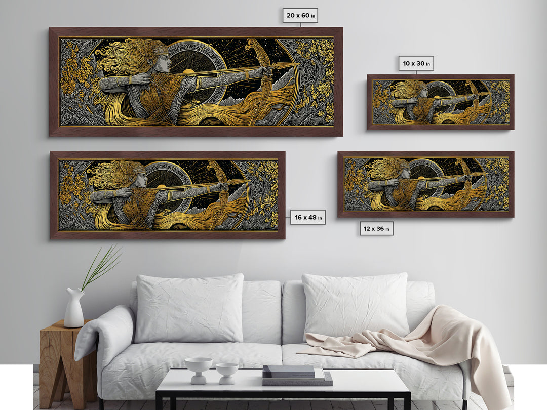 Greek Goddess Artemis With Bow, Mythological Archer Metallic Gold Metal Print, Fantasy Wall Art, Real Wood Frame