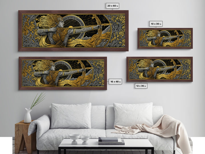 Greek Goddess Artemis With Bow, Mythological Archer Metallic Gold Metal Print, Fantasy Wall Art, Real Wood Frame