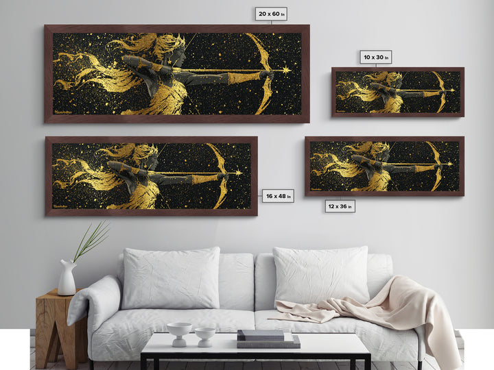 Celestial Artemis Archer Artwork, Mythology Inspired Metallic Gold Metal Print, Greek Goddess Wall Art, Real Wood Frame