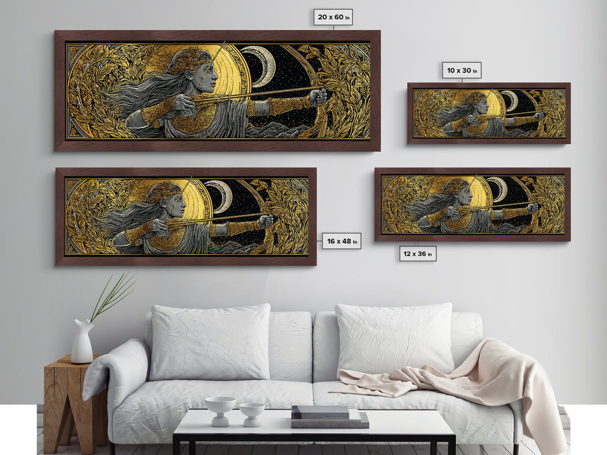 Artemis Moon Goddess Archer, Mythology Inspired Metallic Gold Metal Print, Greek Goddess Wall Art, Real Wood Frame