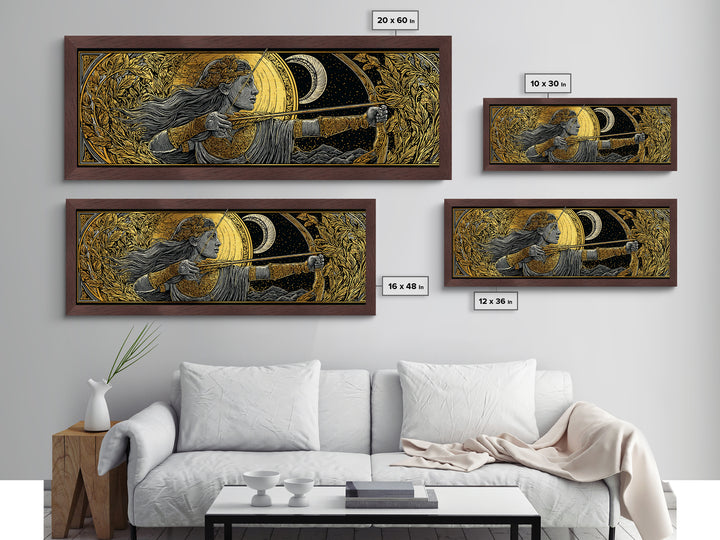 Artemis Moon Goddess Archer, Mythology Inspired Metallic Gold Metal Print, Greek Goddess Wall Art, Real Wood Frame