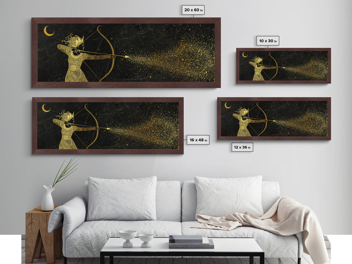 Celestial Artemis Shooting Stars, Ancient Greek Goddess Metallic Gold Metal Print, Mythology Wall Art, Real Wood Frame