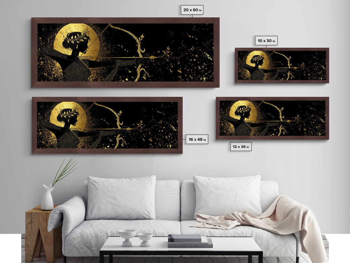 Divine Artemis With Bow And Moon, Mythology Inspired Metallic Gold Metal Print, Goddess Wall Art, Real Wood Frame