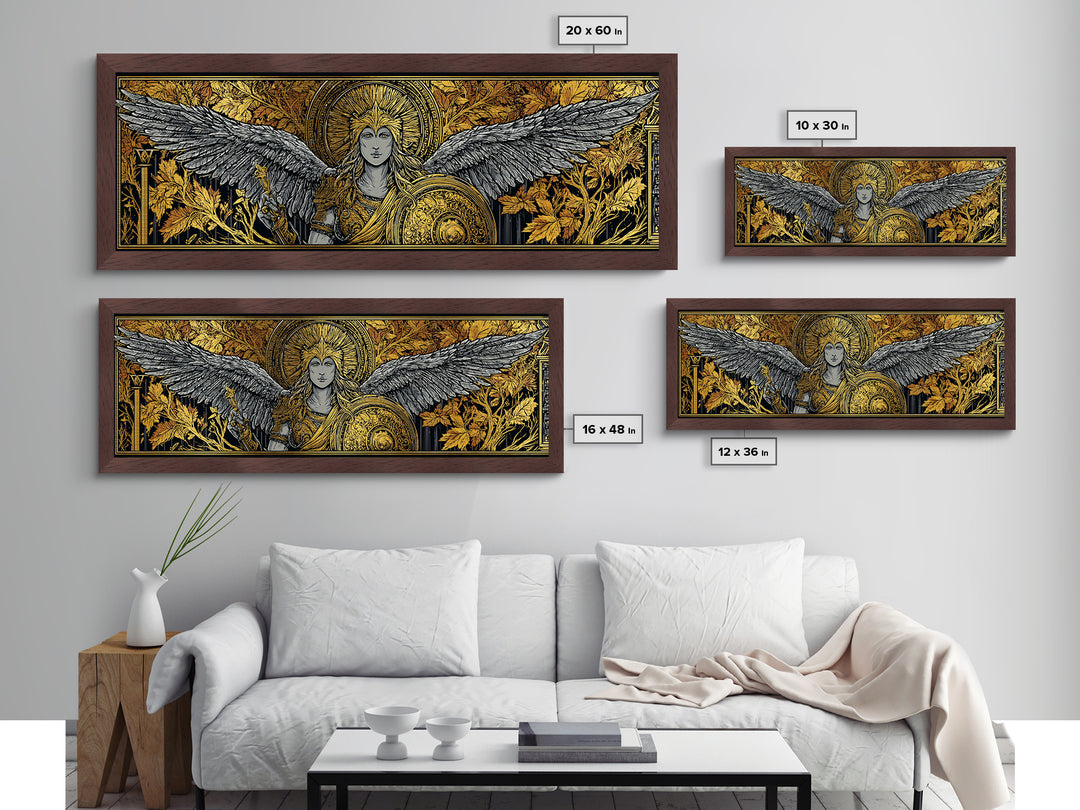 Athena With Wings And Shield, Ancient Greek Goddess Metallic Gold Metal Print, Mythology Warrior Wall Art, Real Wood Frame