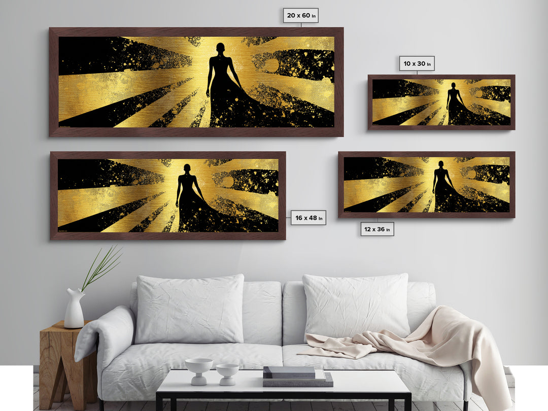 Divine Goddess Silhouette, Radiant Light Rays Wall Decor, Metallic Gold Metal Print, Luxury Mythology Art, Real Wood Frame
