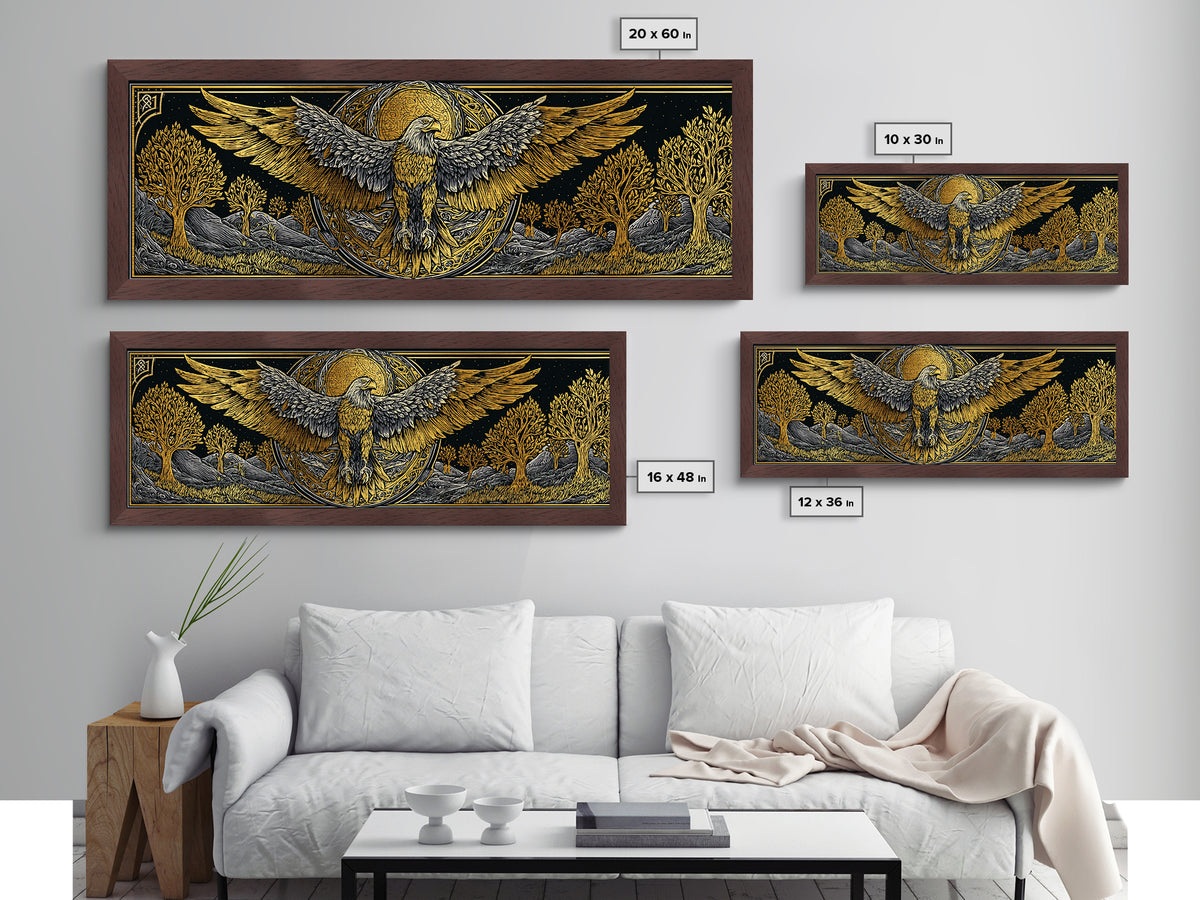 Eagle With Outstretched Wings, Mythology Bird Wall Decor, Metallic Gold Metal Print, Symbolic Strength Art, Real Wood Frame