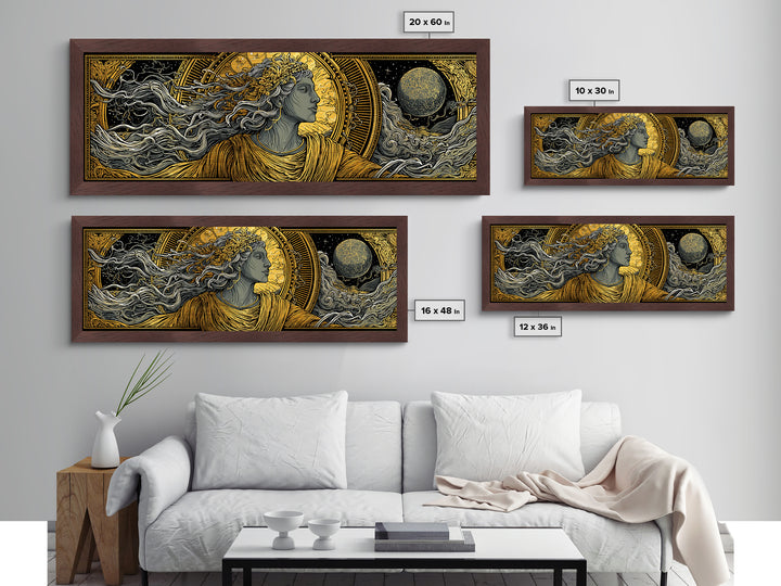 Solar Goddess With Moon, Celestial Mythology Wall Art, Metallic Gold Metal Print, Elegant Greek Inspired Decor, Real Wood Frame