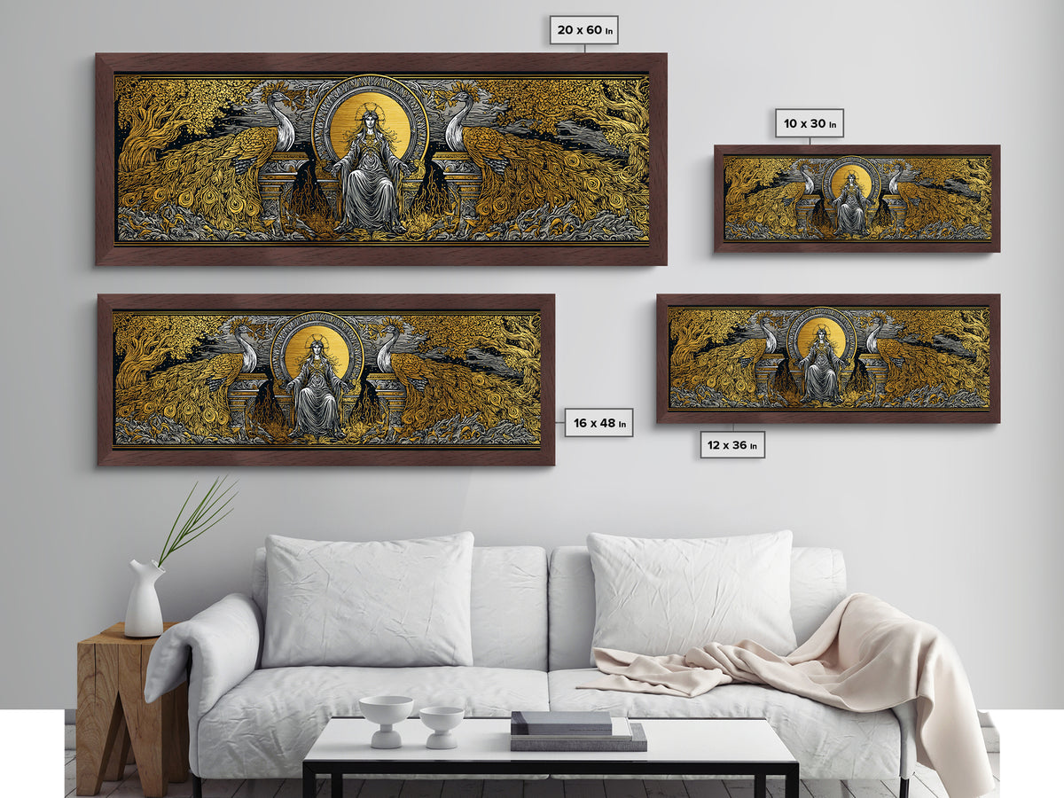 Queen Goddess With Peacocks, Mythology Regal Wall Art, Metallic Gold Metal Print, Luxurious Divine Decor, Real Wood Frame