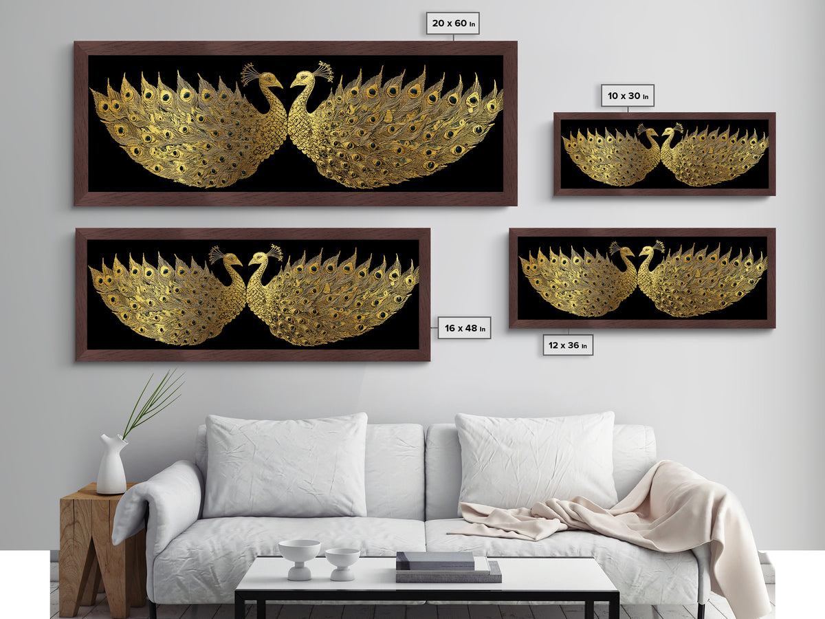 Twin Peacock Feathers, Elegant Bird Wall Decor, Metallic Gold Metal Print, Symbolic Decorative Art, Real Wood Frame