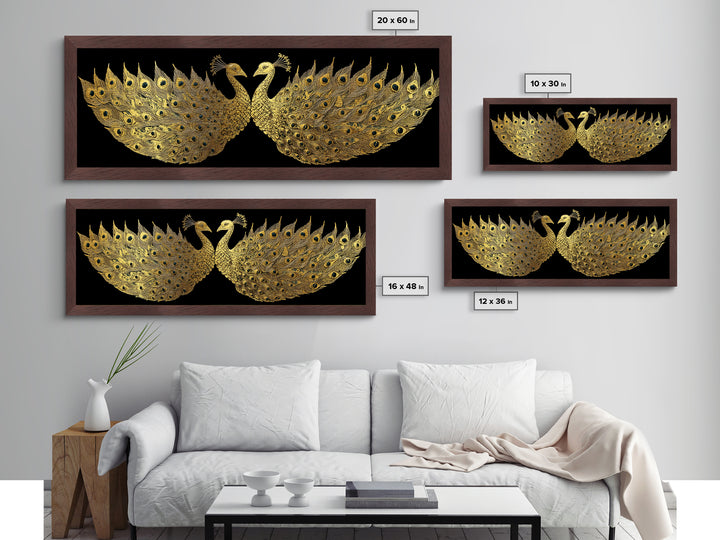 Twin Peacock Feathers, Elegant Bird Wall Decor, Metallic Gold Metal Print, Symbolic Decorative Art, Real Wood Frame
